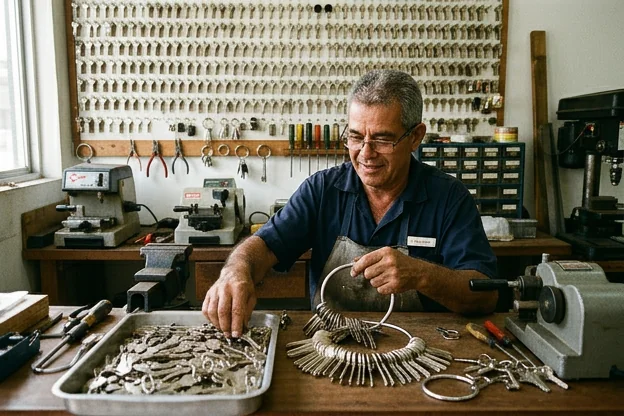 Chaveiro organizando chaves em uma bancada em São Pedro da Aldeia.