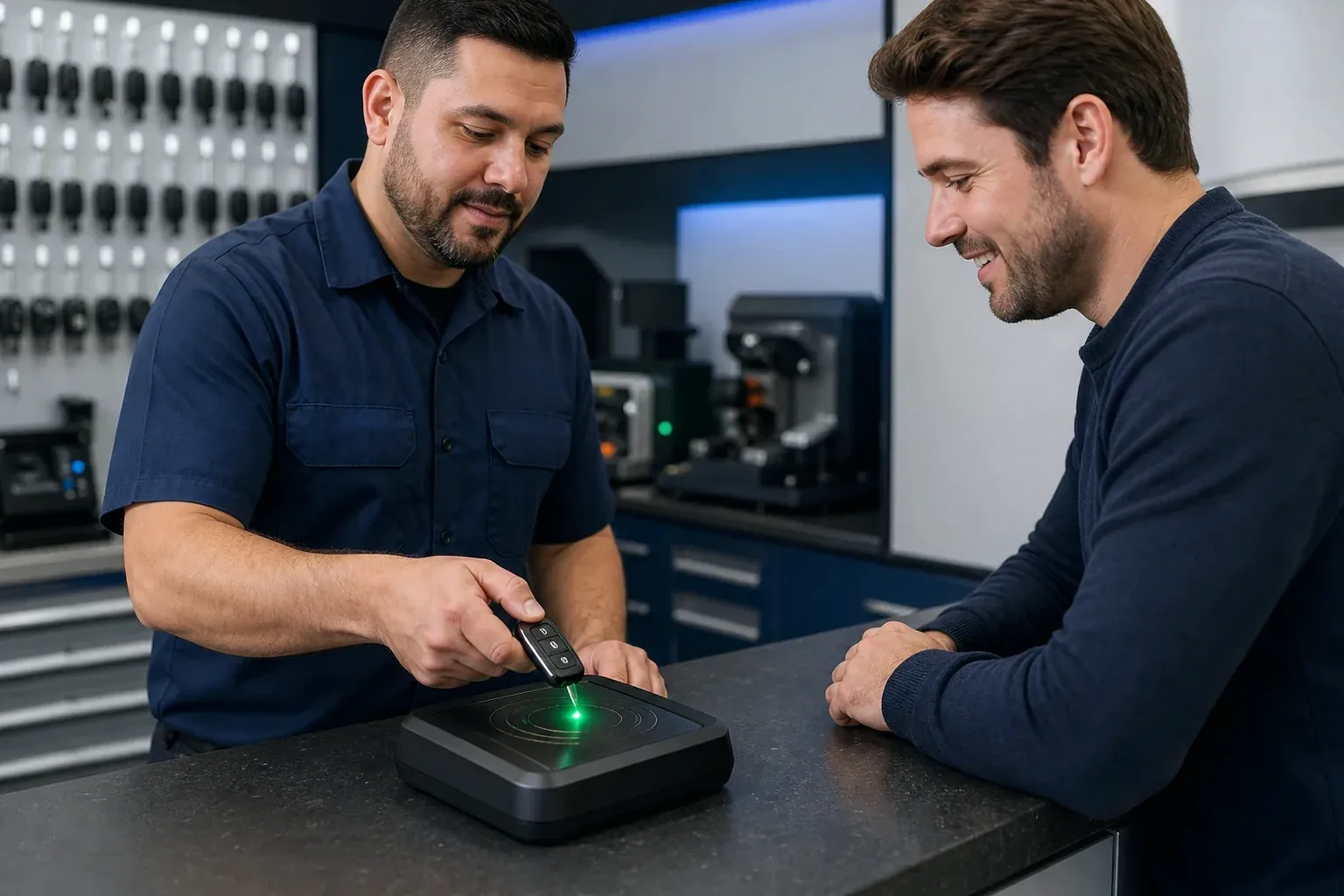 Chaveiro programando controle remoto para automóvel em São Pedro da Aldeia.